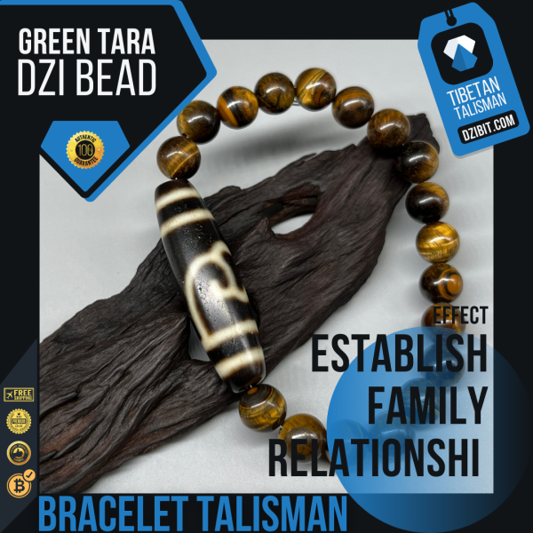 Tiger eye Stone Bracelet with Green Tara Dzi Bead